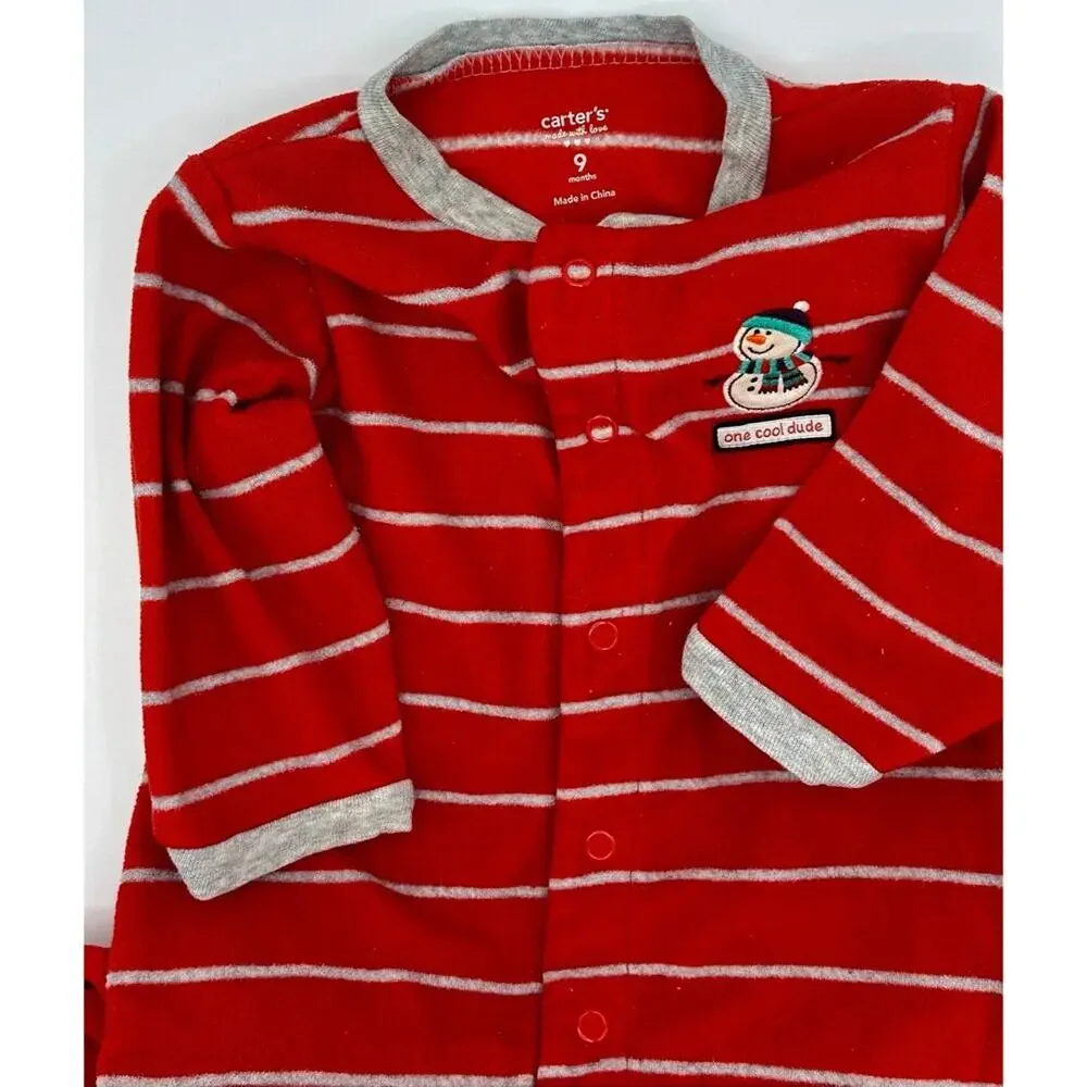 Carter’s Snowman Button-Up Size 9 Months Red Gray Fleece (798)